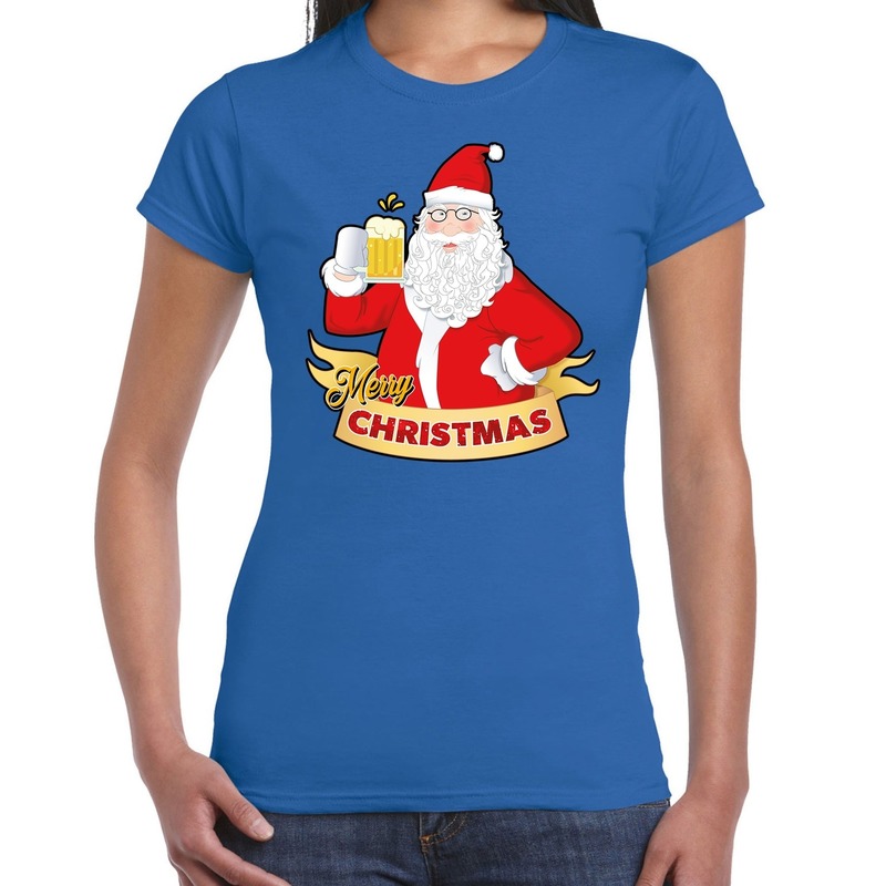 Blauw kerstshirt / kerstkleding santa met pul bier voor dames M - Top Merken Winkel